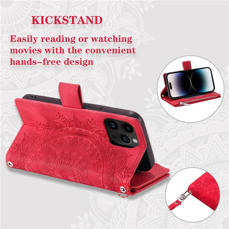 006 For iPhone 16 Pro Case Mandala Flower Zipper Pocket Leather Phone Cover - Red