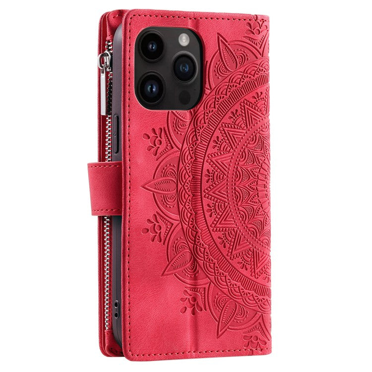 006 For iPhone 16 Pro Case Mandala Flower Zipper Pocket Leather Phone Cover - Red