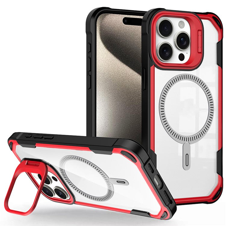 For iPhone 16 Pro Case PC+TPU+Acrylic Back Cover with Lens Kickstand Compatible with MagSafe - Red