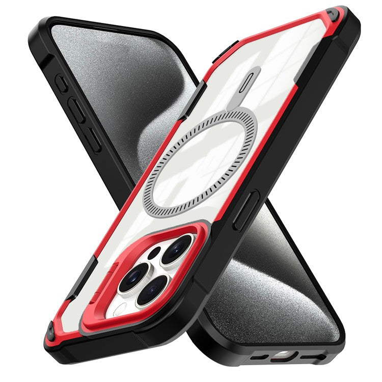 For iPhone 16 Pro Case PC+TPU+Acrylic Back Cover with Lens Kickstand Compatible with MagSafe - Red