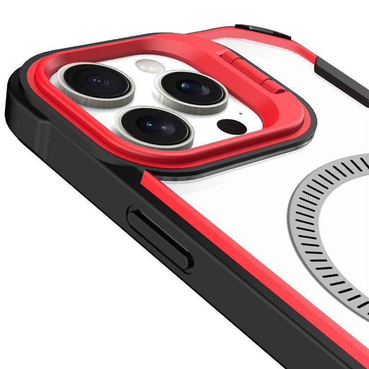 For iPhone 16 Pro Case PC+TPU+Acrylic Back Cover with Lens Kickstand Compatible with MagSafe - Red