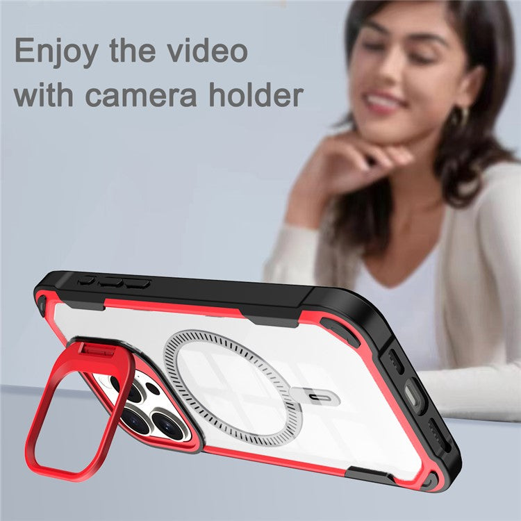 For iPhone 16 Pro Case PC+TPU+Acrylic Back Cover with Lens Kickstand Compatible with MagSafe - Red