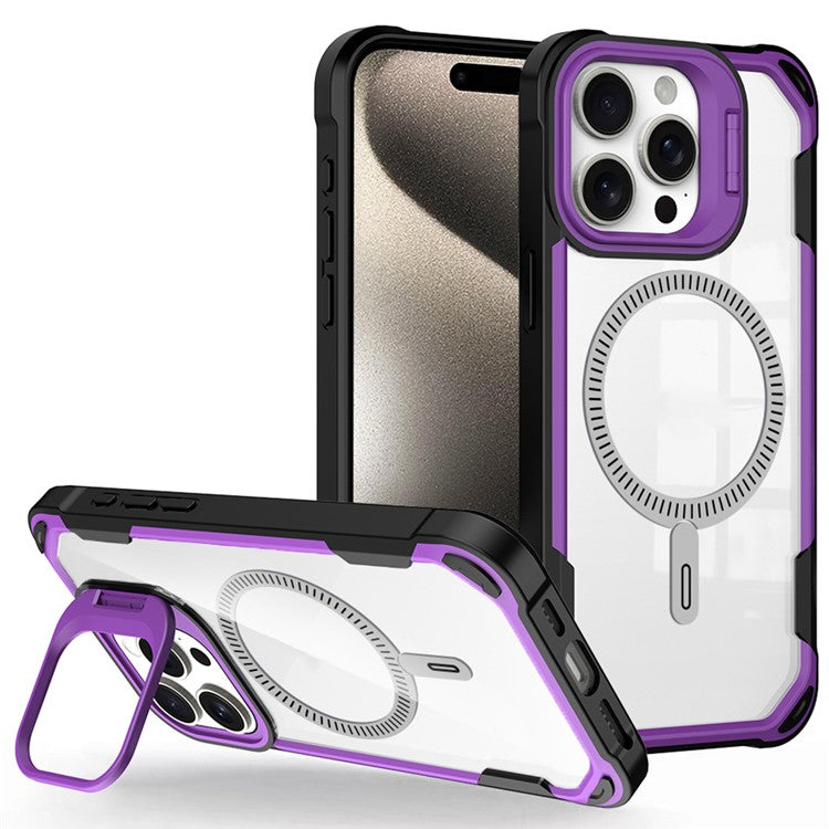 For iPhone 16 Pro Case PC+TPU+Acrylic Back Cover with Lens Kickstand Compatible with MagSafe - Purple