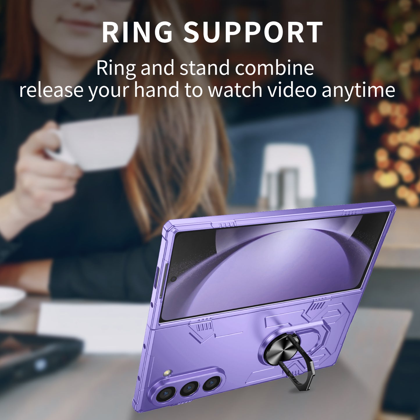 For Samsung Galaxy Z Fold6 5G Case PC Hard Phone Cover with Ring Holder Kickstand - Purple