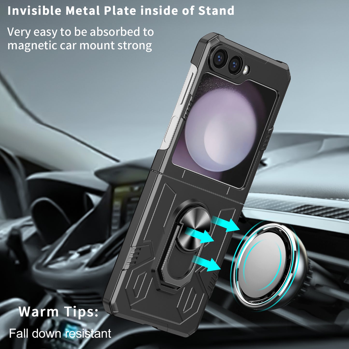 For Samsung Galaxy Z Flip6 5G Case Ring Kickstand Hard PC Shockproof Phone Cover - Black