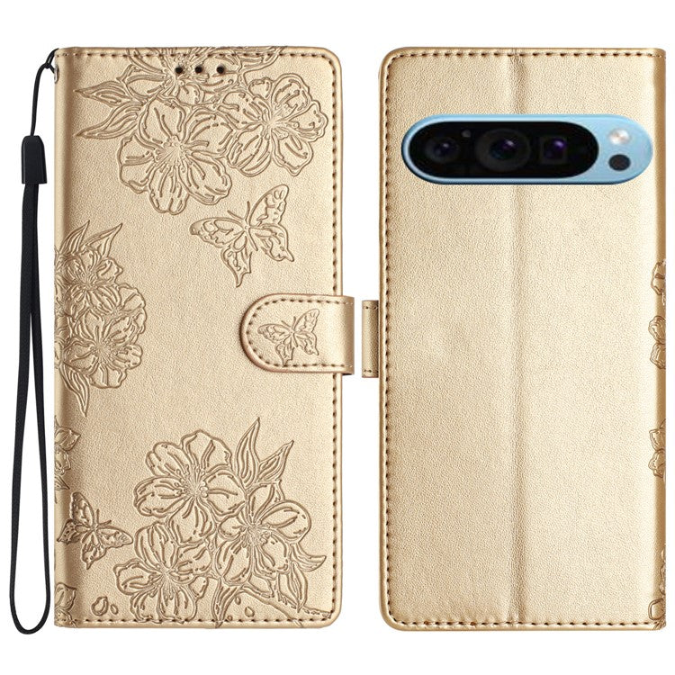 For Google Pixel 9 Case Butterfly Flower Pattern PU Leather Wallet Stand Phone Cover - Gold
