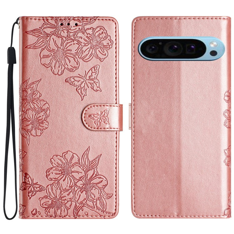 For Google Pixel 9 Case Butterfly Flower Pattern PU Leather Wallet Stand Phone Cover - Rose Gold