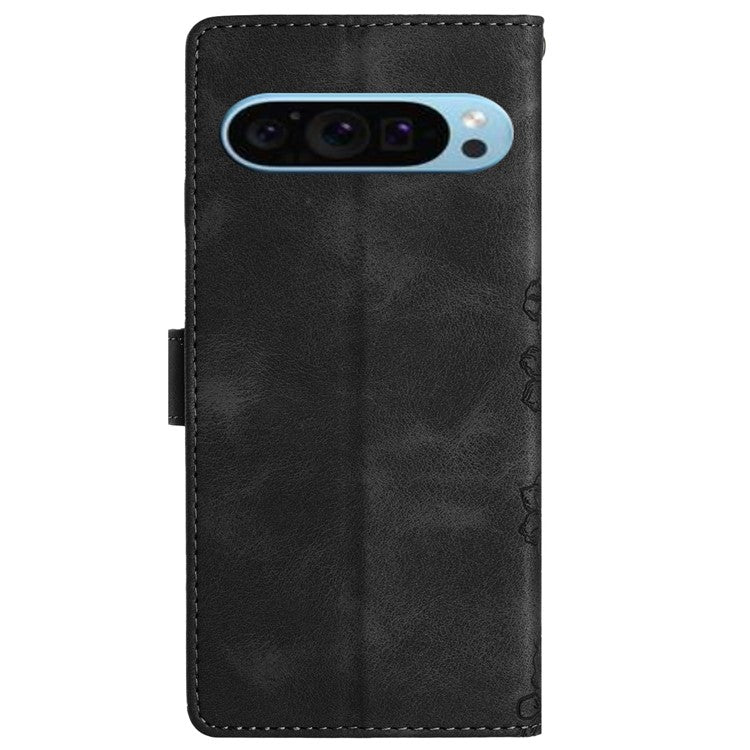 For Google Pixel 9 Case Butterfly Flower Design Skin-Touch Leather Wallet Phone Cover - Black