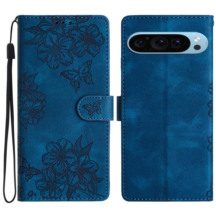 For Google Pixel 9 Case Butterfly Flower Design Skin-touch Leather Wallet Phone Cover - Blue