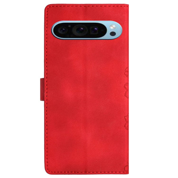 For Google Pixel 9 Case Butterfly Flower Design Skin-touch Leather Wallet Phone Cover - Red