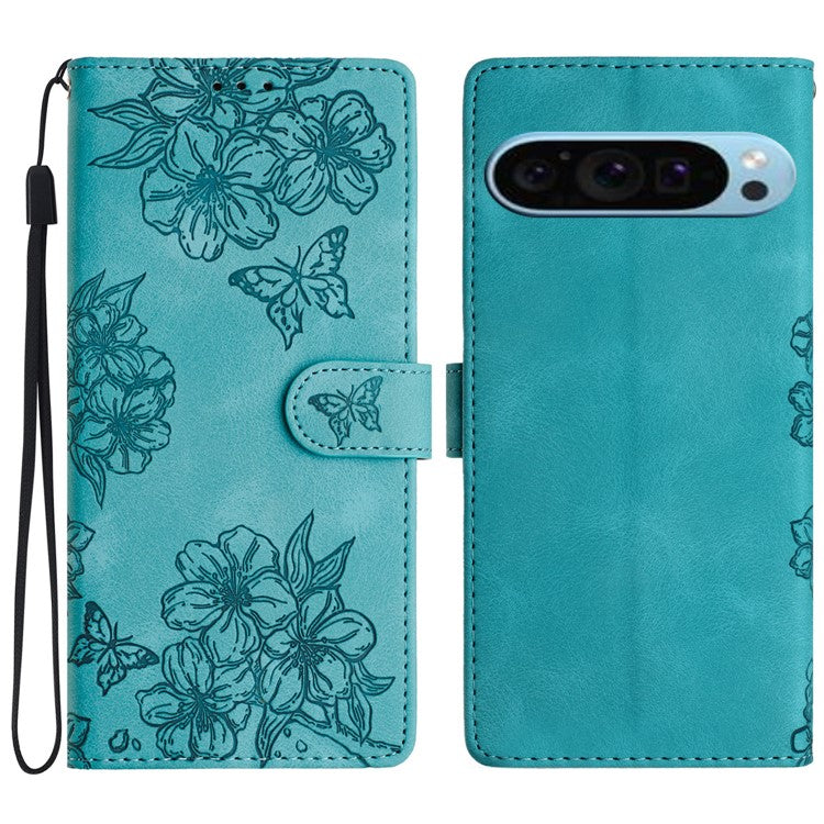 For Google Pixel 9 Case Butterfly Flower Design Skin-touch Leather Wallet Phone Cover - Green