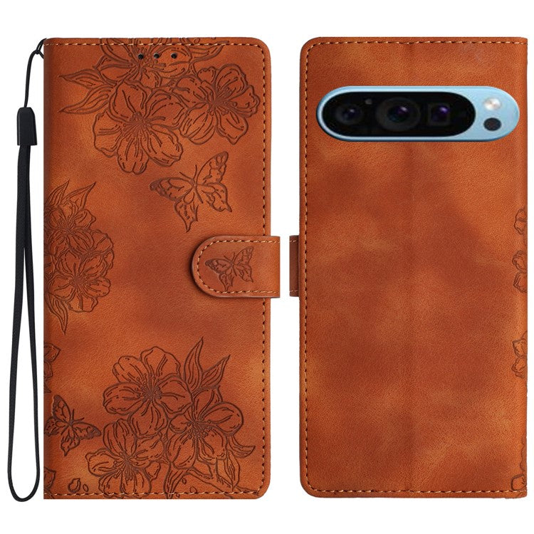 For Google Pixel 9 Case Butterfly Flower Design Skin-touch Leather Wallet Phone Cover - Brown