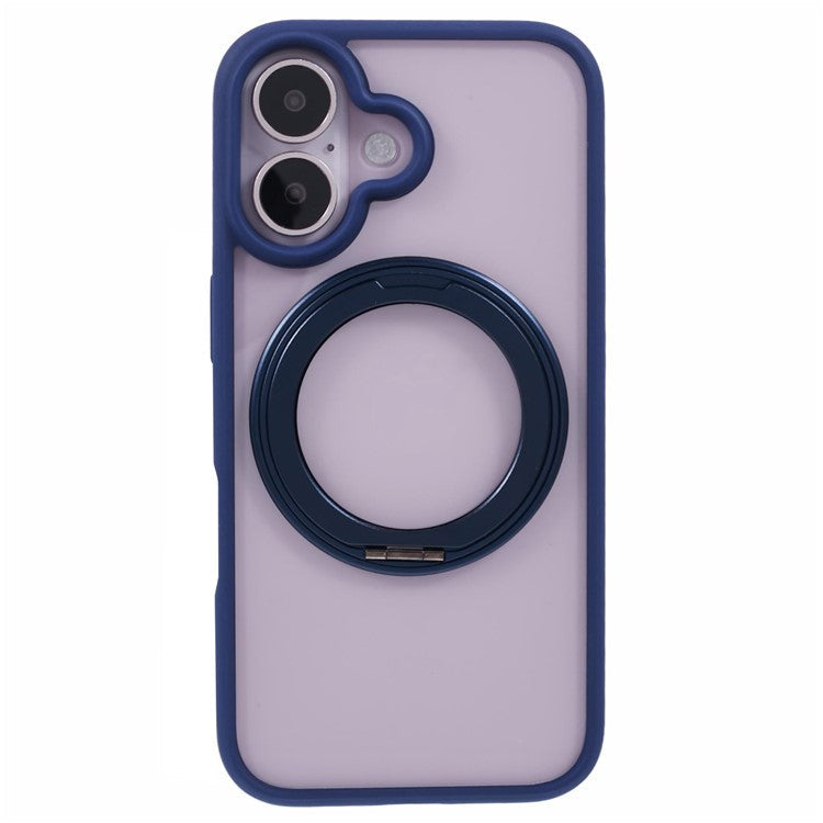 For iPhone 16 Case Built-In Kickstand PC+TPU Phone Cover Rotate Ring Holder - Blue