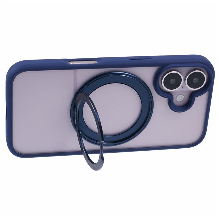 For iPhone 16 Case Built-In Kickstand PC+TPU Phone Cover Rotate Ring Holder - Blue