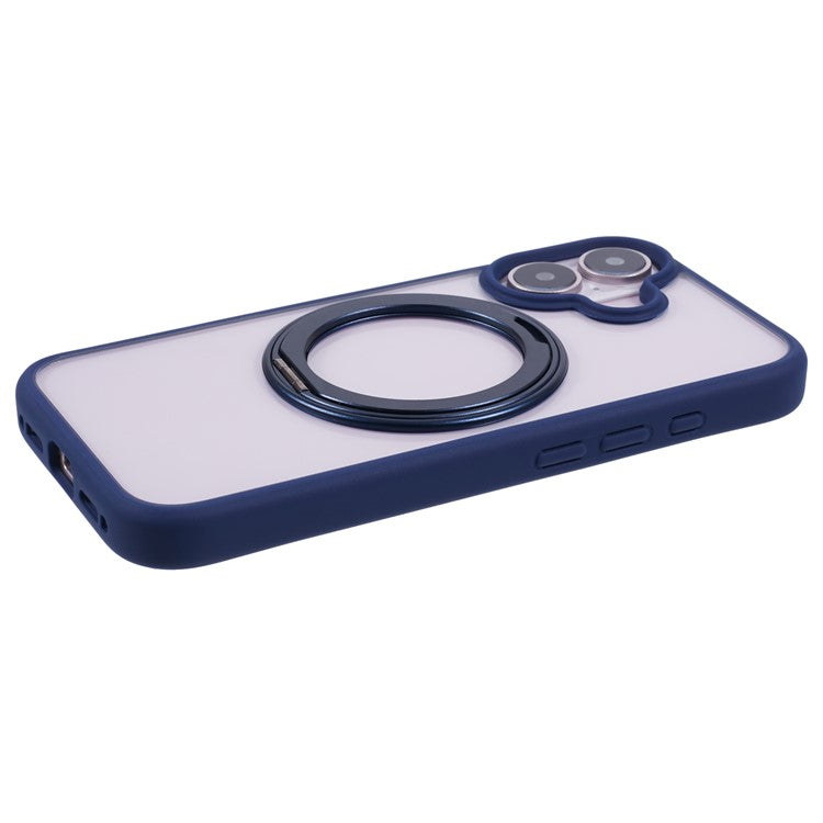 For iPhone 16 Case Built-In Kickstand PC+TPU Phone Cover Rotate Ring Holder - Blue
