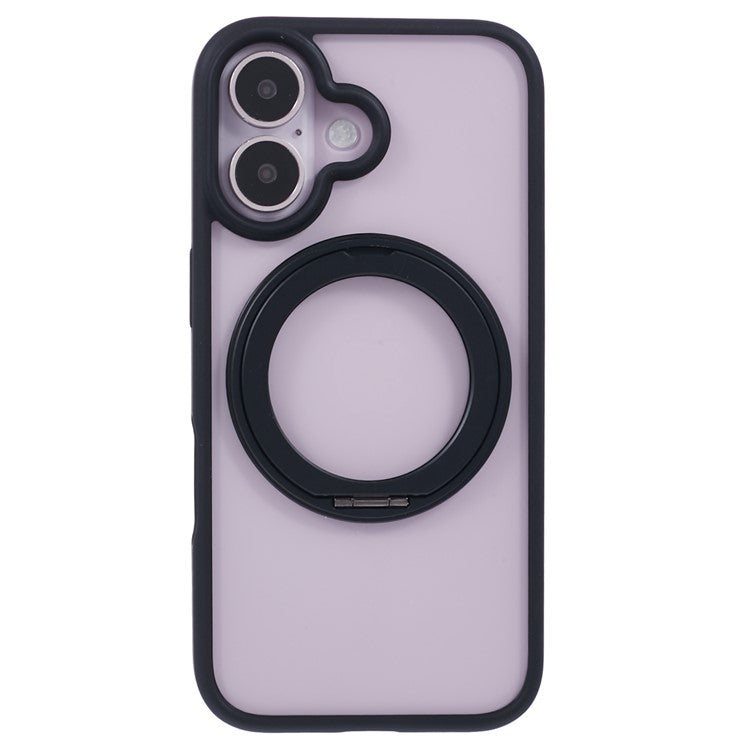 For iPhone 16 Case Built-in Kickstand PC+TPU Phone Cover Rotate Ring Holder - Black