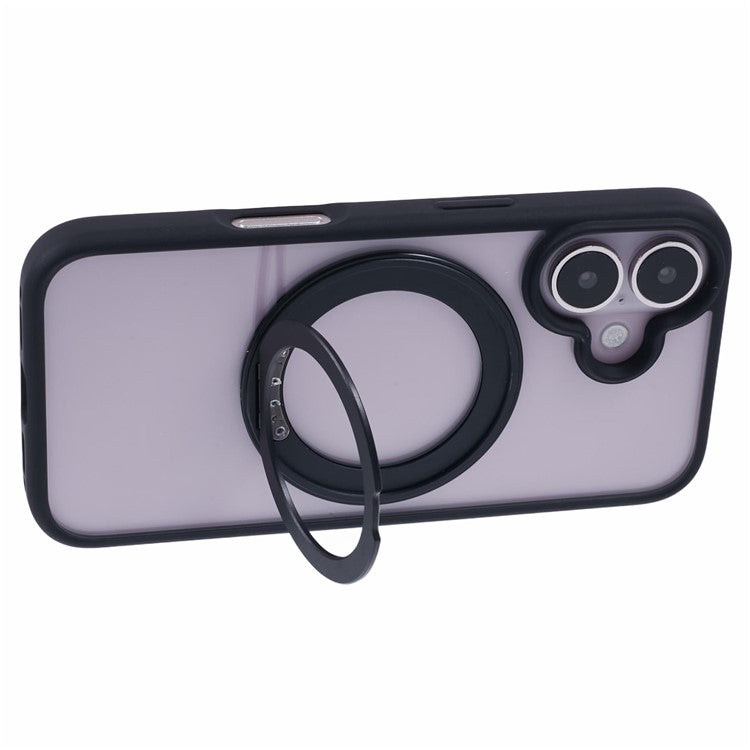 For iPhone 16 Case Built-in Kickstand PC+TPU Phone Cover Rotate Ring Holder - Black