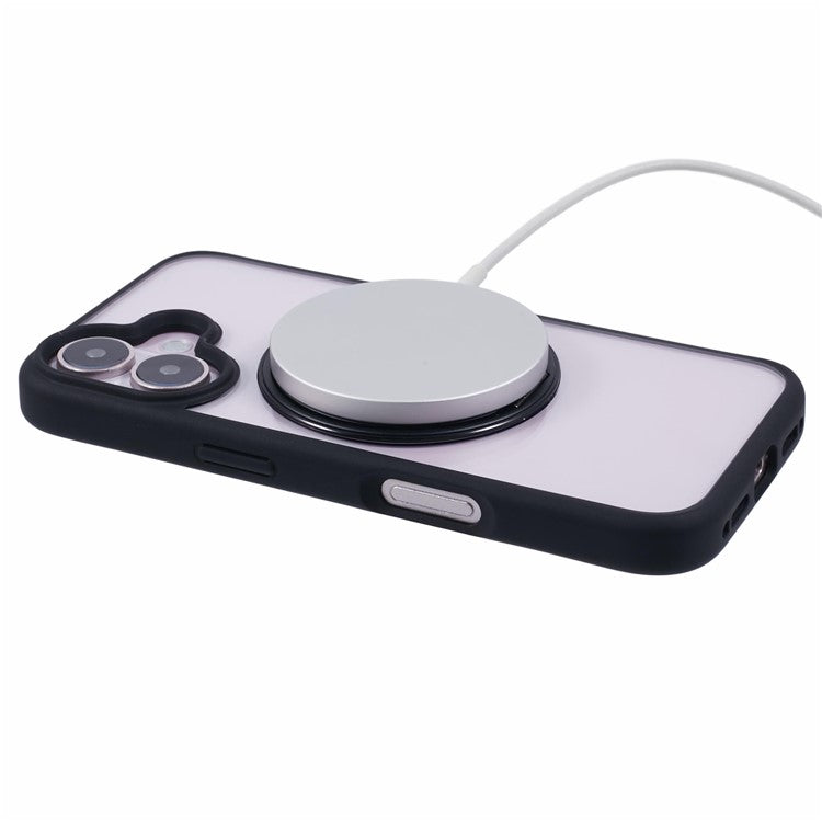 For iPhone 16 Case Built-in Kickstand PC+TPU Phone Cover Rotate Ring Holder - Black