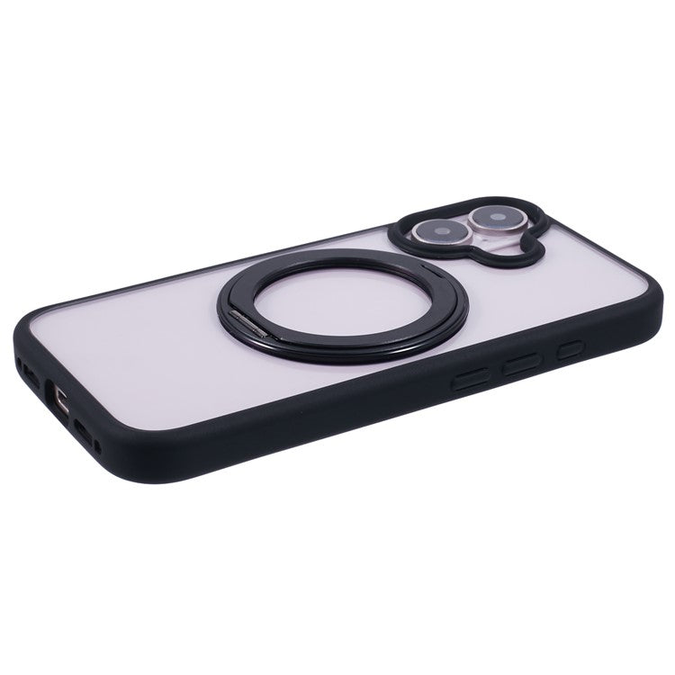 For iPhone 16 Case Built-in Kickstand PC+TPU Phone Cover Rotate Ring Holder - Black