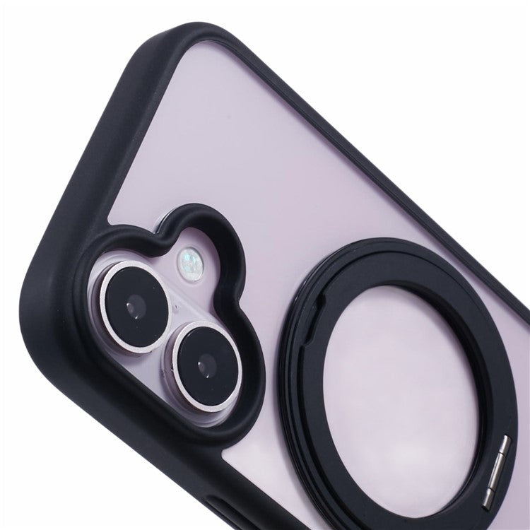 For iPhone 16 Case Built-in Kickstand PC+TPU Phone Cover Rotate Ring Holder - Black
