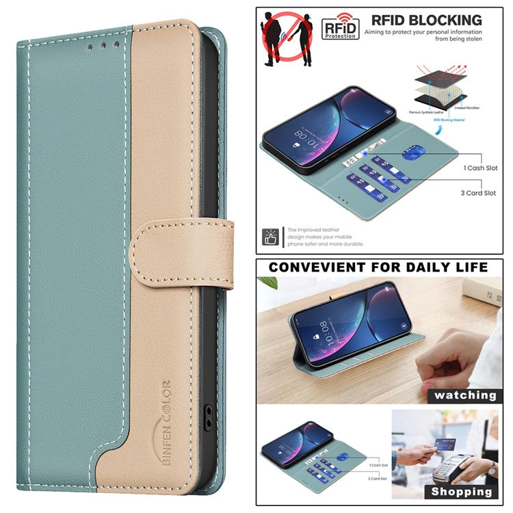 BINFEN-COLOR-BF33-For-iPhone-14-/-13-Case-Splicing-Color-PU-Leather-Protective-Phone-Cover---Green