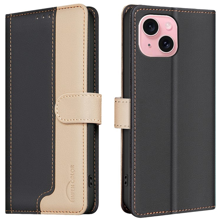 BINFEN-COLOR-BF33-For-iPhone-14-/-13-Case-Splicing-Color-PU-Leather-Protective-Phone-Cover---Black