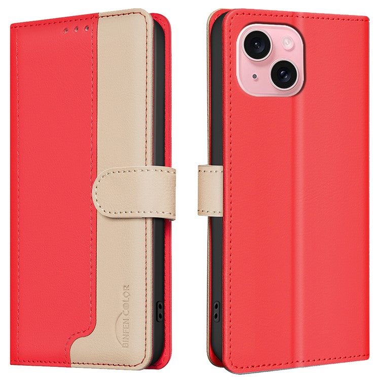BINFEN-COLOR-BF33-For-iPhone-14-/-13-Case-Splicing-Color-PU-Leather-Protective-Phone-Cover---Red