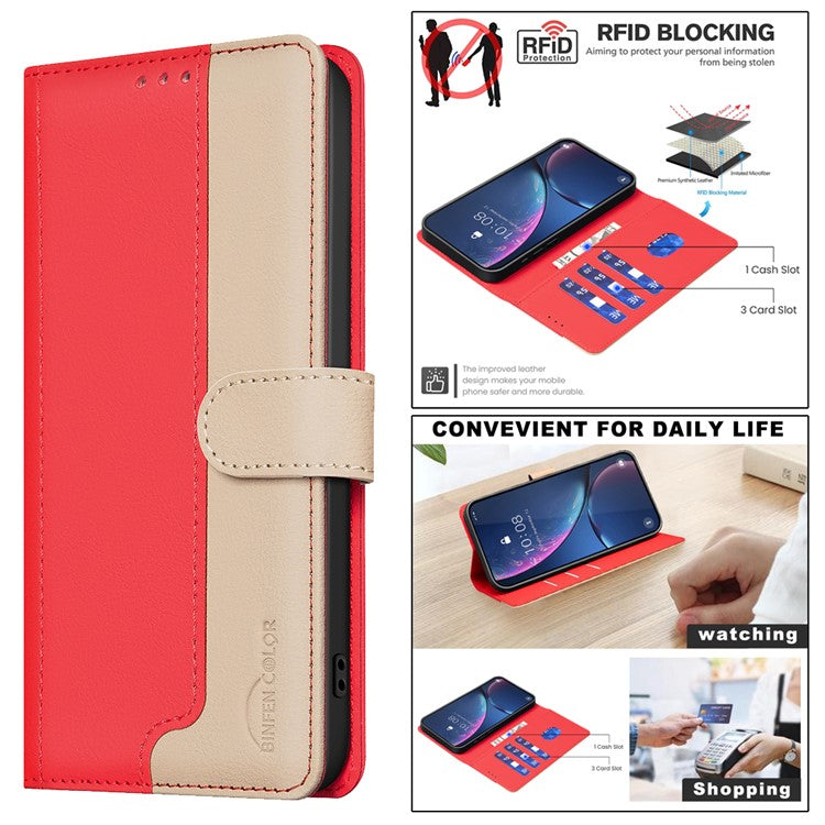 BINFEN-COLOR-BF33-For-iPhone-14-/-13-Case-Splicing-Color-PU-Leather-Protective-Phone-Cover---Red