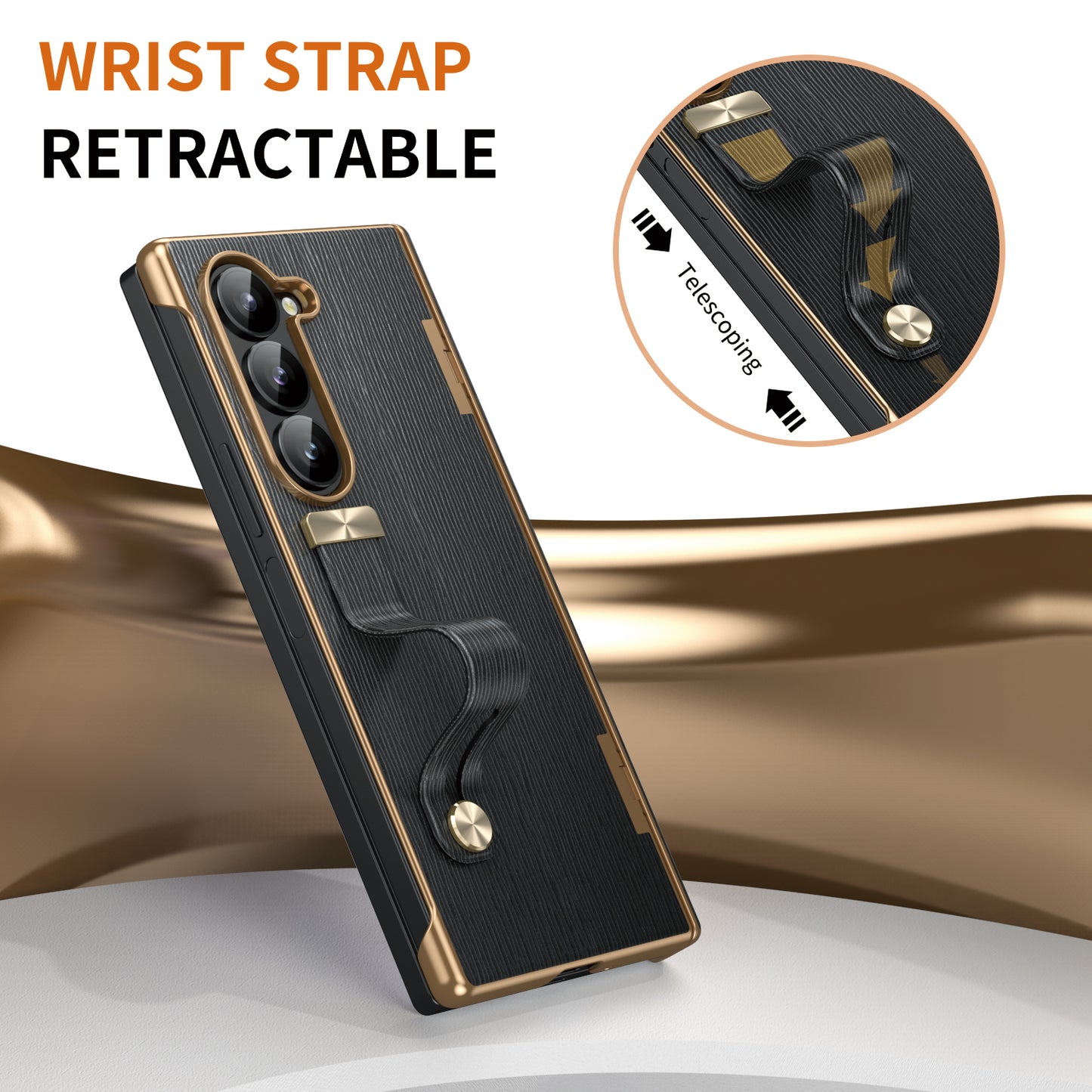 For Samsung Galaxy Z Fold6 5G Case Wrist Band Hinge Protection Leather+PC Phone Cover - Black