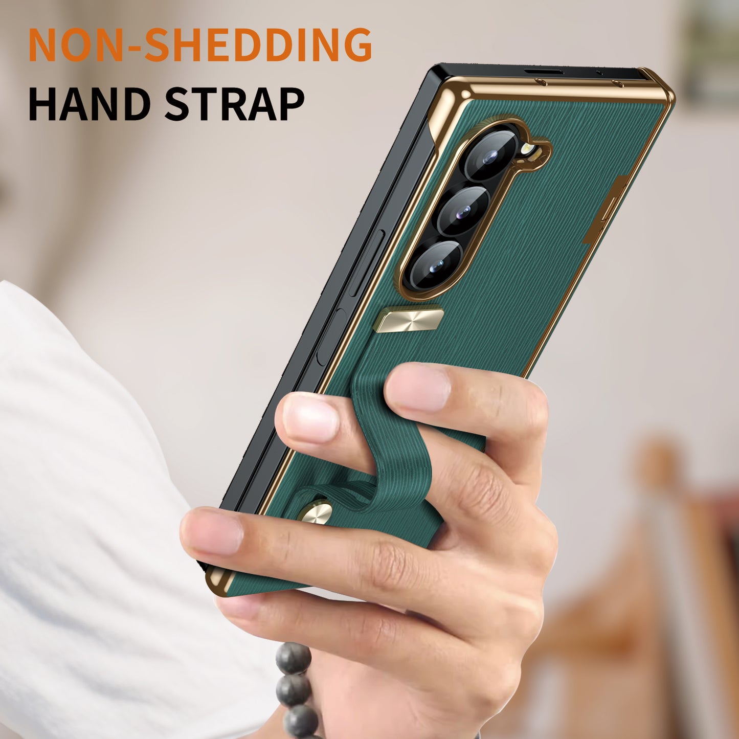 For Samsung Galaxy Z Fold6 5G Case Wrist Band Hinge Protection Leather+PC Phone Cover - Green