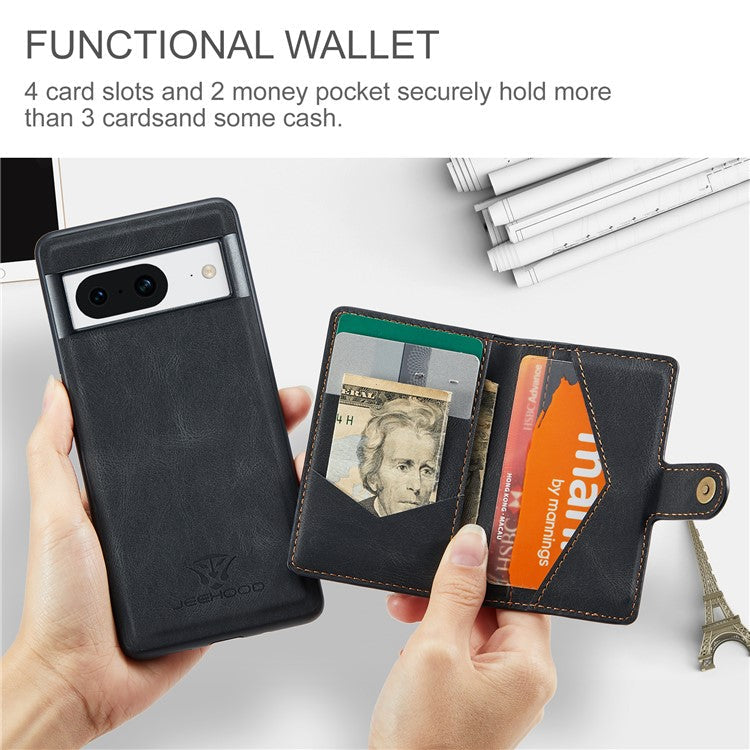 JEEHOOD J01 For Google Pixel 8 Case Vintage Leather Back Phone Cover 2-in-1 Detachable - Black