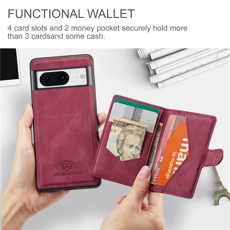 JEEHOOD J01 For Google Pixel 8 Case Vintage Leather Back Phone Cover 2-in-1 Detachable - Red