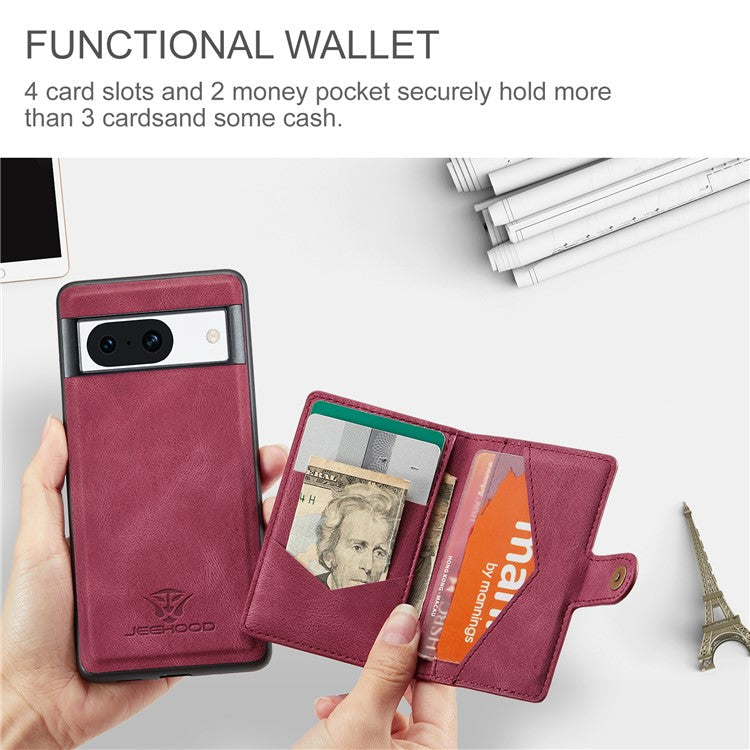 JEEHOOD J01 For Google Pixel 8a Case Leather + TPU Retro Phone Cover Detachable Magnetic Back Card Pocket - Red