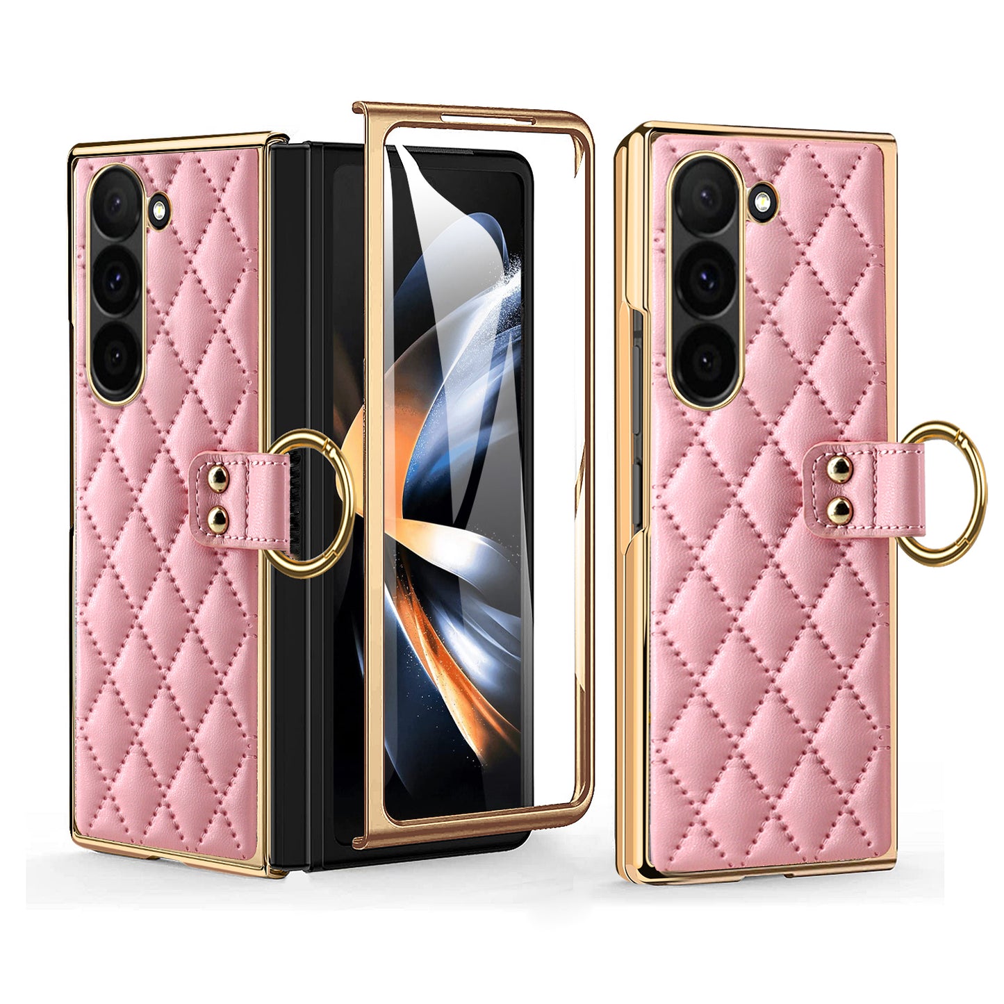 For Samsung Galaxy Z Fold6 5G Case Rhombus Grid Phone Cover with Tempered Glass Film - Pink