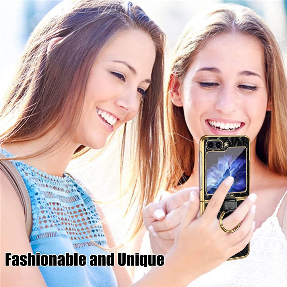 For Samsung Galaxy Z Flip7 FE 5G / Z Flip6 5G Case Rhombus Grid Phone Cover with Tempered Glass Film - Blackish Green