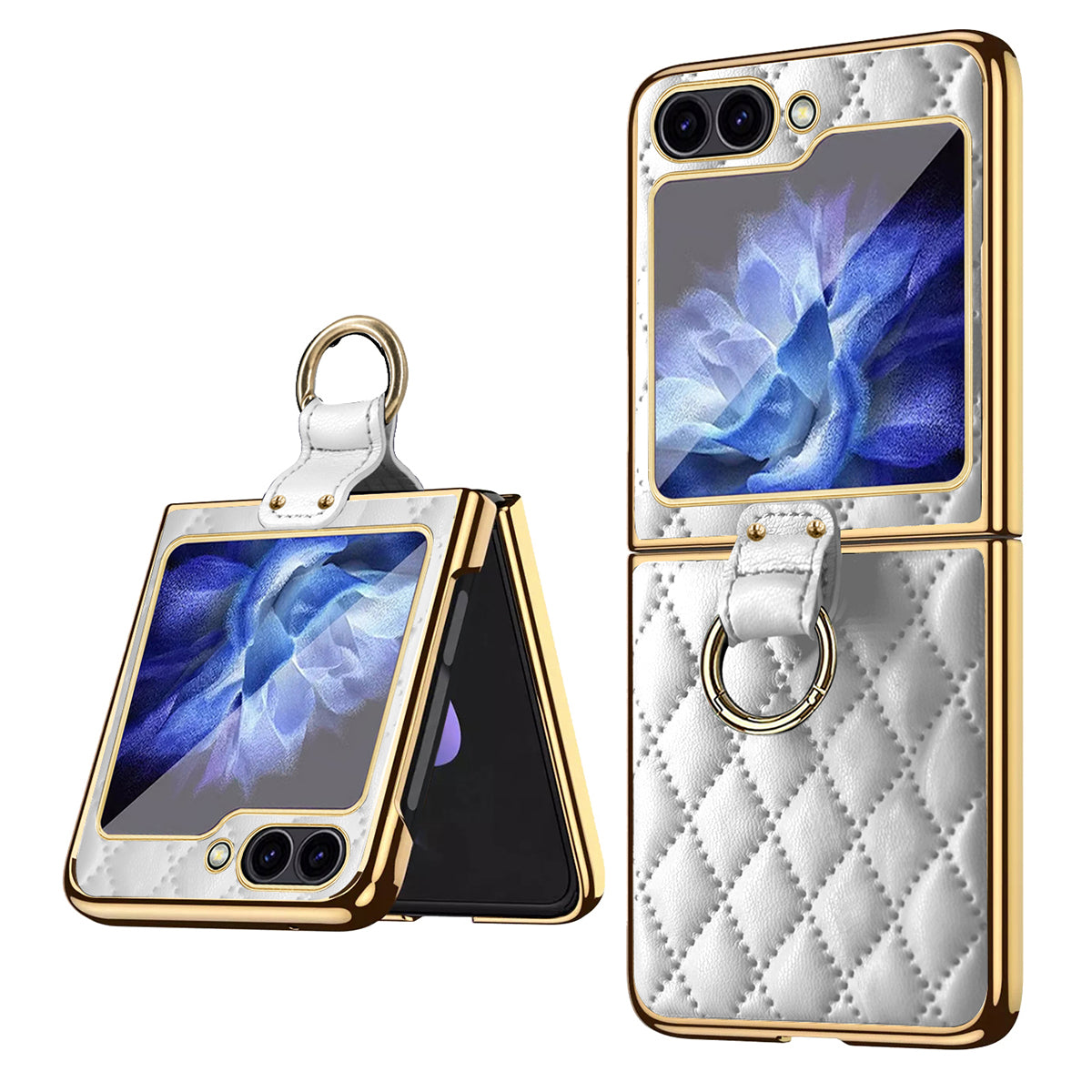 For Samsung Galaxy Z Flip6 5G Case Rhombus Grid Phone Cover with Tempered Glass Film - White