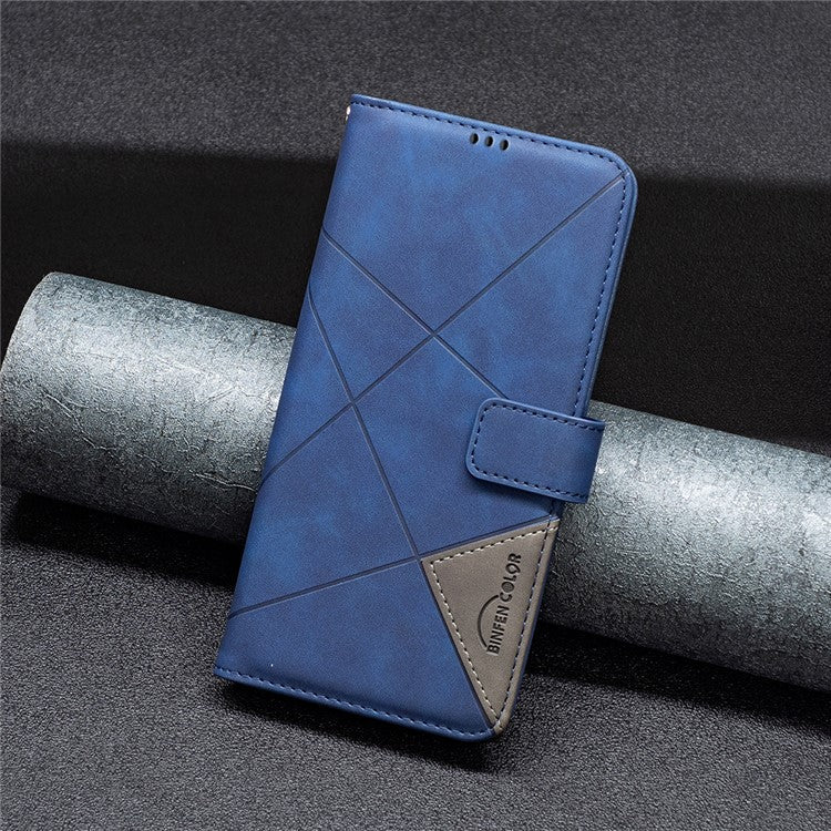 BINFEN COLOR For Samsung Galaxy M35 5G Phone Cases Wallet Stand Geometry Imprinted Leather Cover - Blue