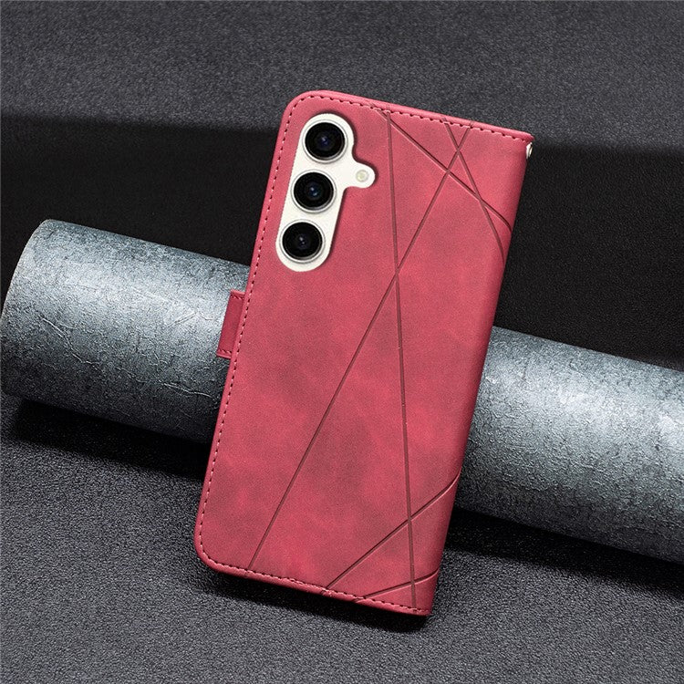 BINFEN COLOR For Samsung Galaxy M35 5G Phone Cases Wallet Stand Geometry Imprinted Leather Cover - Red
