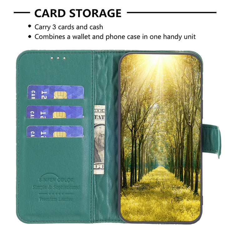 BINFEN COLOR BF Style-14 For Samsung Galaxy M35 5G Leather Phone Case Rhombus Grid Pattern - Green