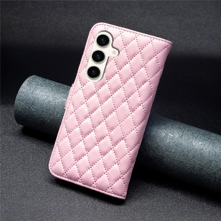 BINFEN COLOR BF Style-14 For Samsung Galaxy M35 5G Leather Phone Case Rhombus Grid Pattern - Pink