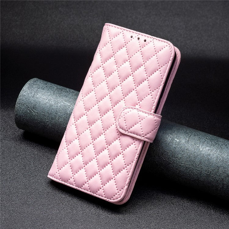 BINFEN COLOR BF Style-14 For Samsung Galaxy M35 5G Leather Phone Case Rhombus Grid Pattern - Pink