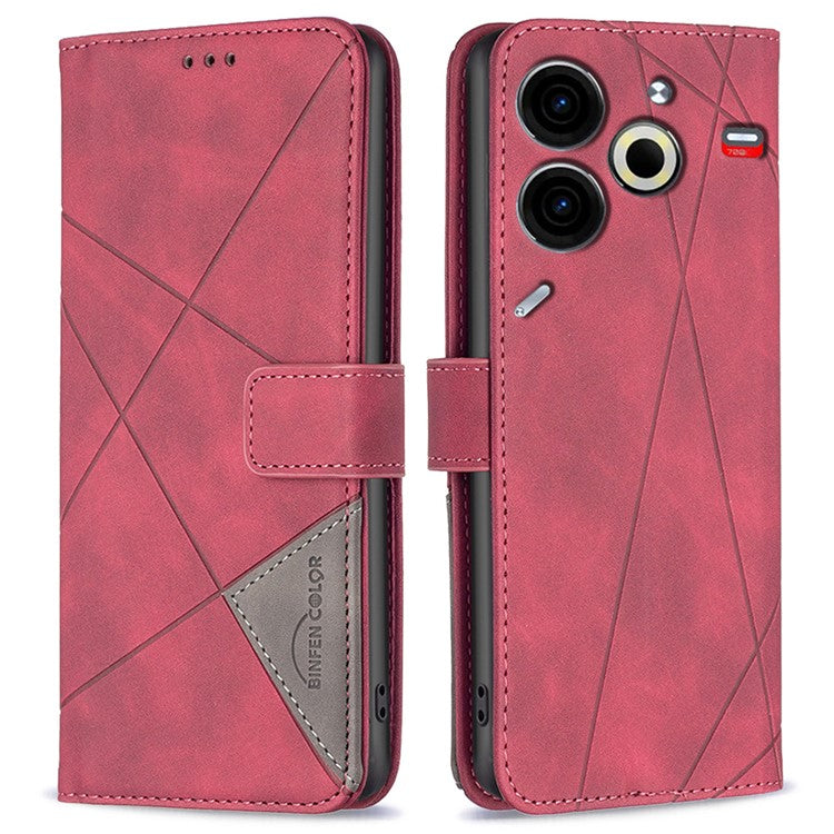 BINFEN COLOR BF05 For TECNO Pova 6 Neo Case Geometric Line Leather Phone Cover - Red