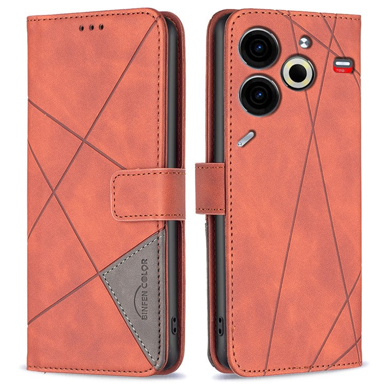 BINFEN COLOR BF05 For TECNO Pova 6 Neo Case Geometric Line Leather Phone Cover - Brown
