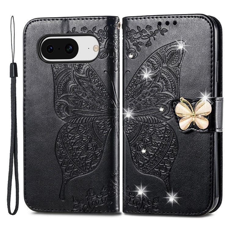 For Google Pixel 8 Case Butterfly Flower Leather Phone Cover 3D Rhinestone Decor - Black