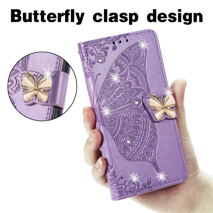 For Google Pixel 8 Case Butterfly Flower Leather Phone Cover 3D Rhinestone Decor - Light Purple