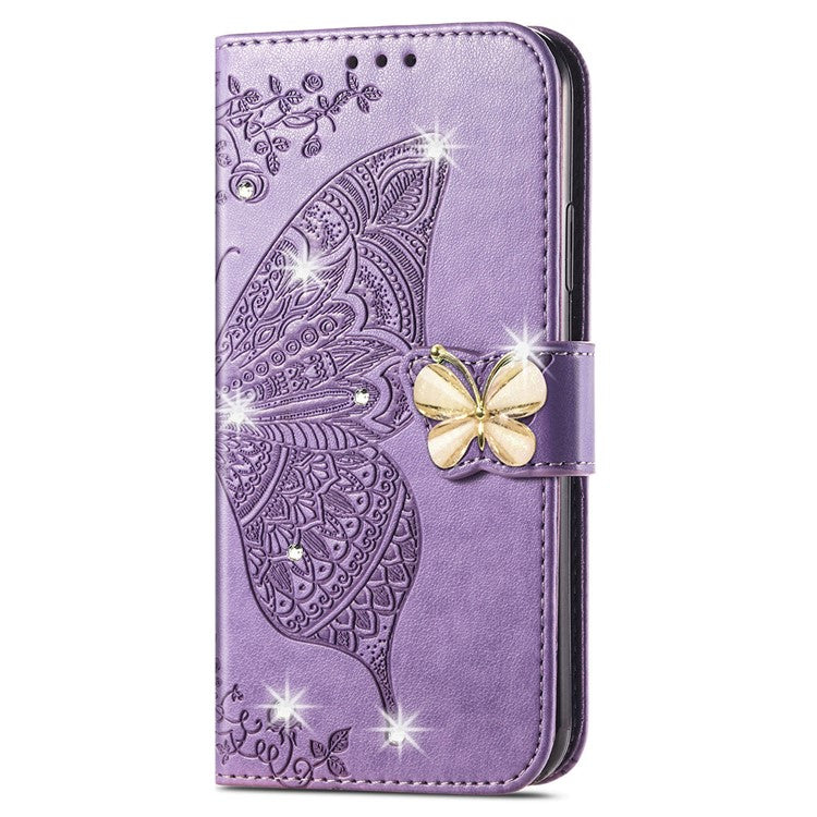 For Google Pixel 8 Case Butterfly Flower Leather Phone Cover 3D Rhinestone Decor - Light Purple