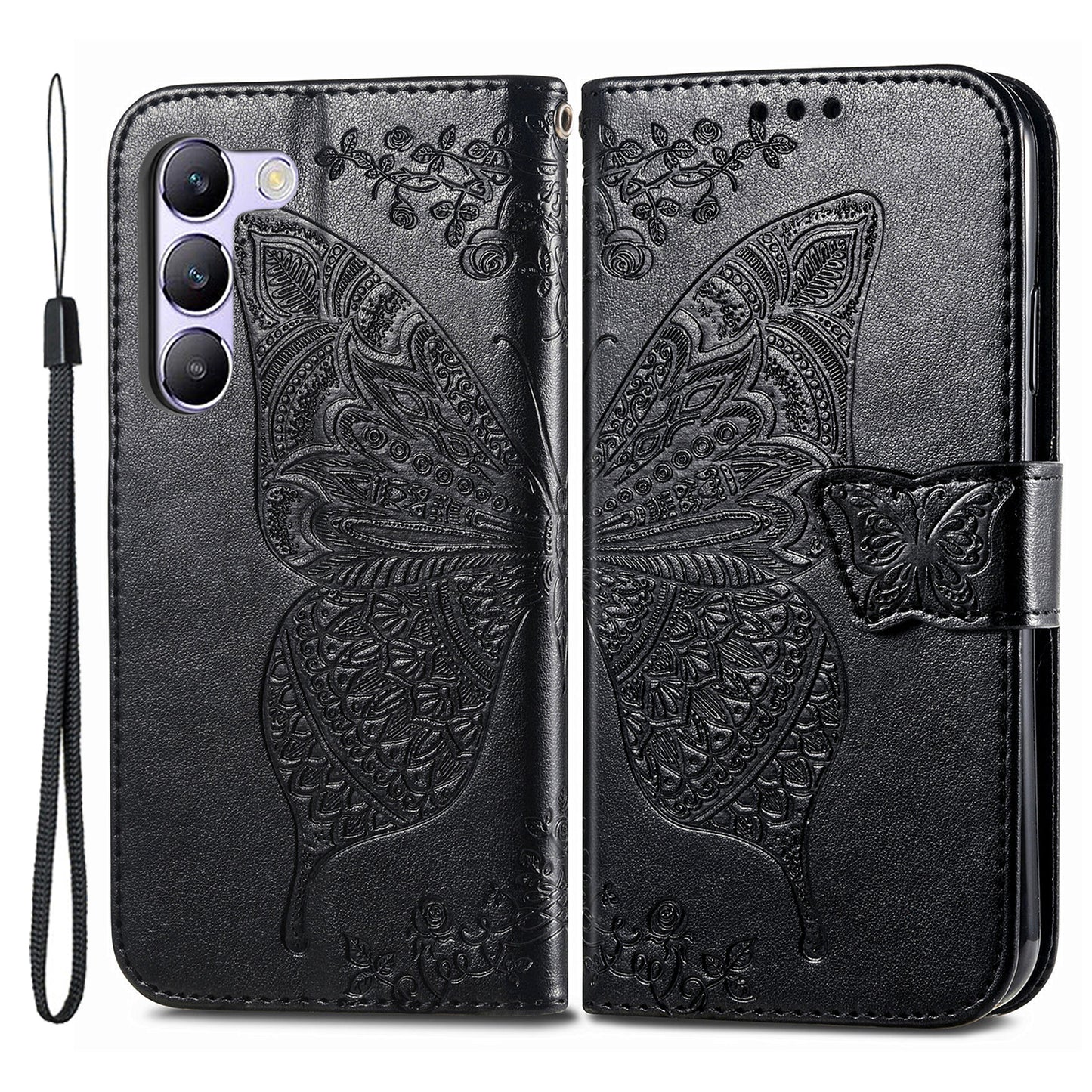 For vivo V40 SE 5G Case Butterfly Imprinted Leather Flip Protective Phone Cover - Black
