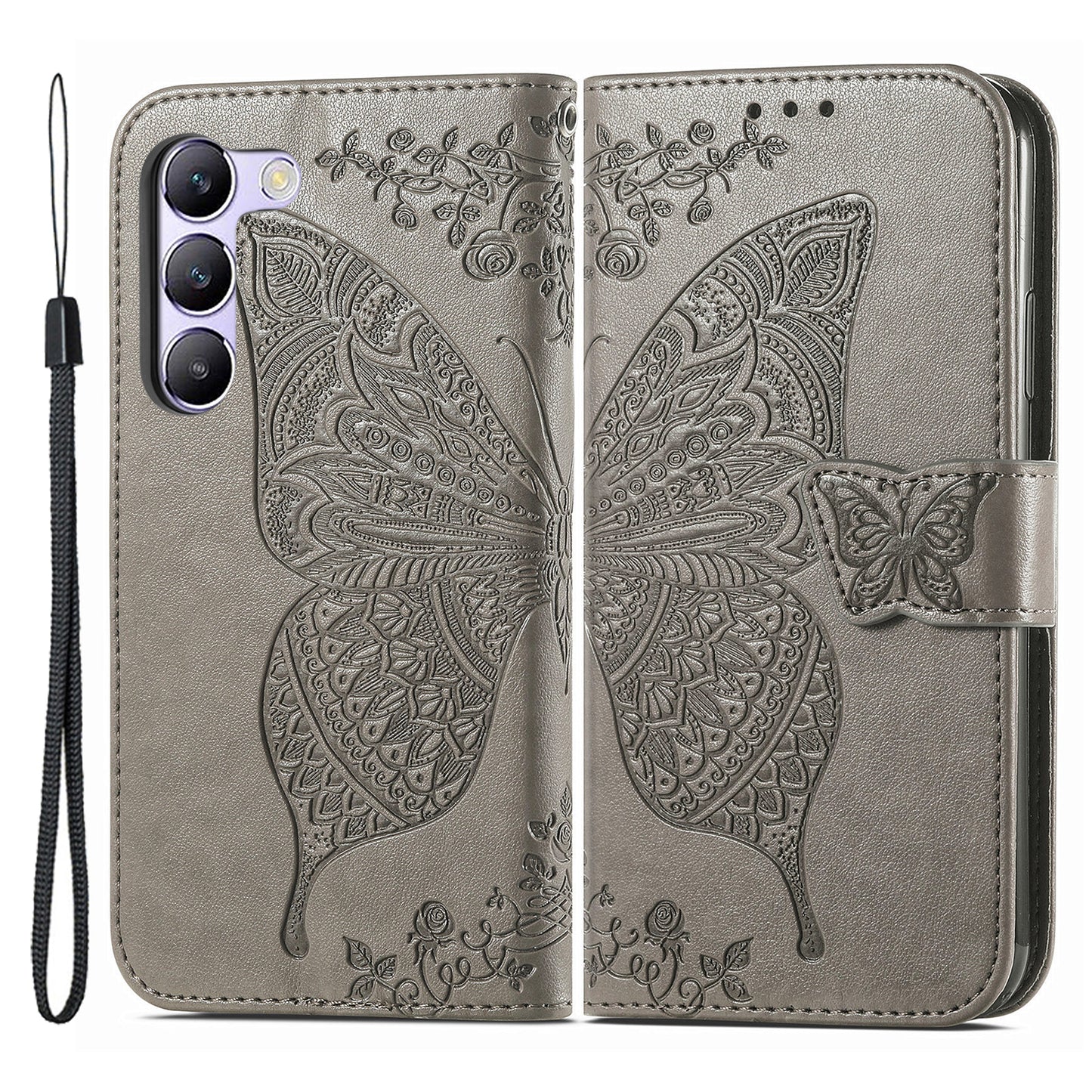 For vivo V40 SE 5G Case Butterfly Imprinted Leather Flip Protective Phone Cover - Grey