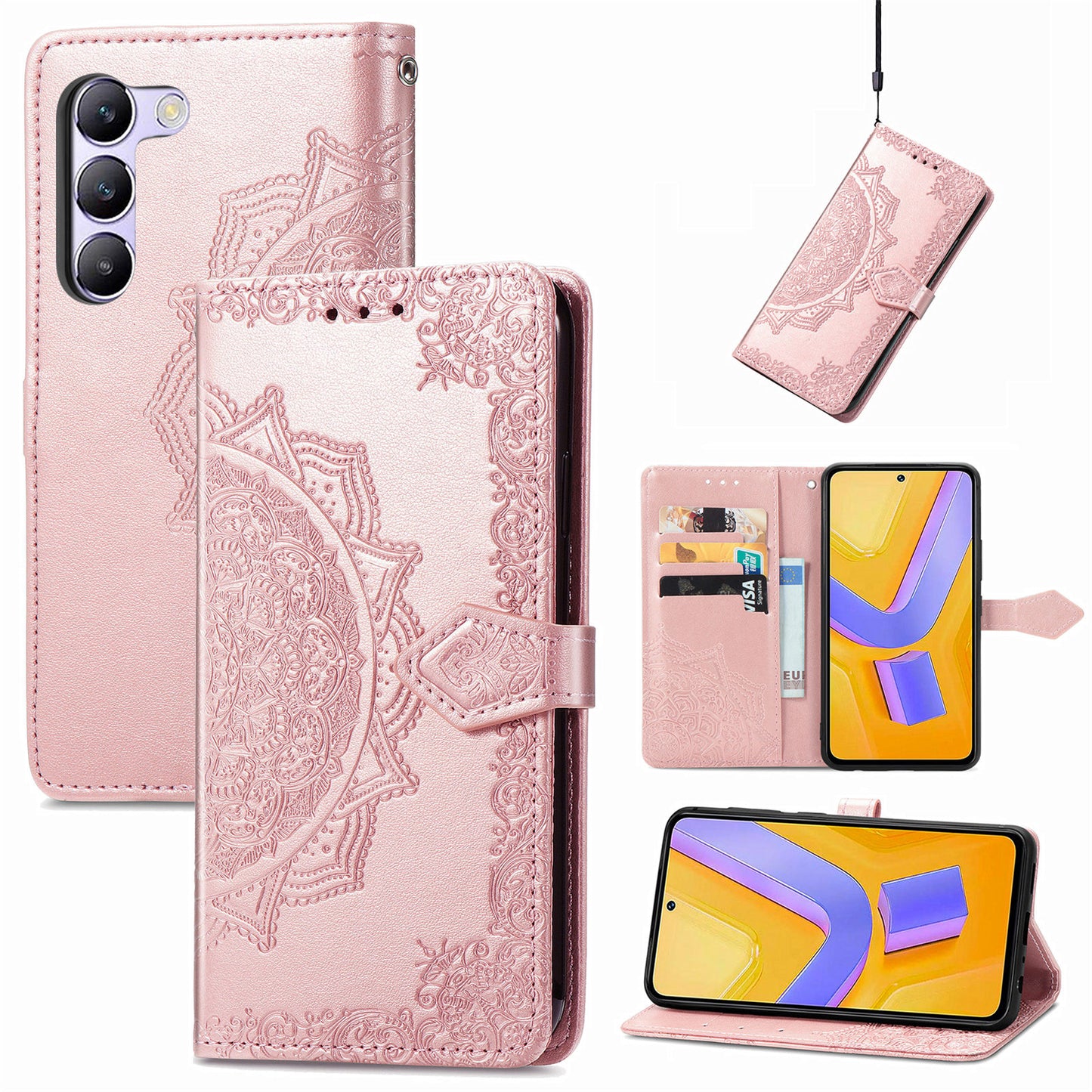 For vivo V40 SE 5G Case Embossed Mandala Leather Phone Cover Magnetic Flip Wallet - Rose Gold