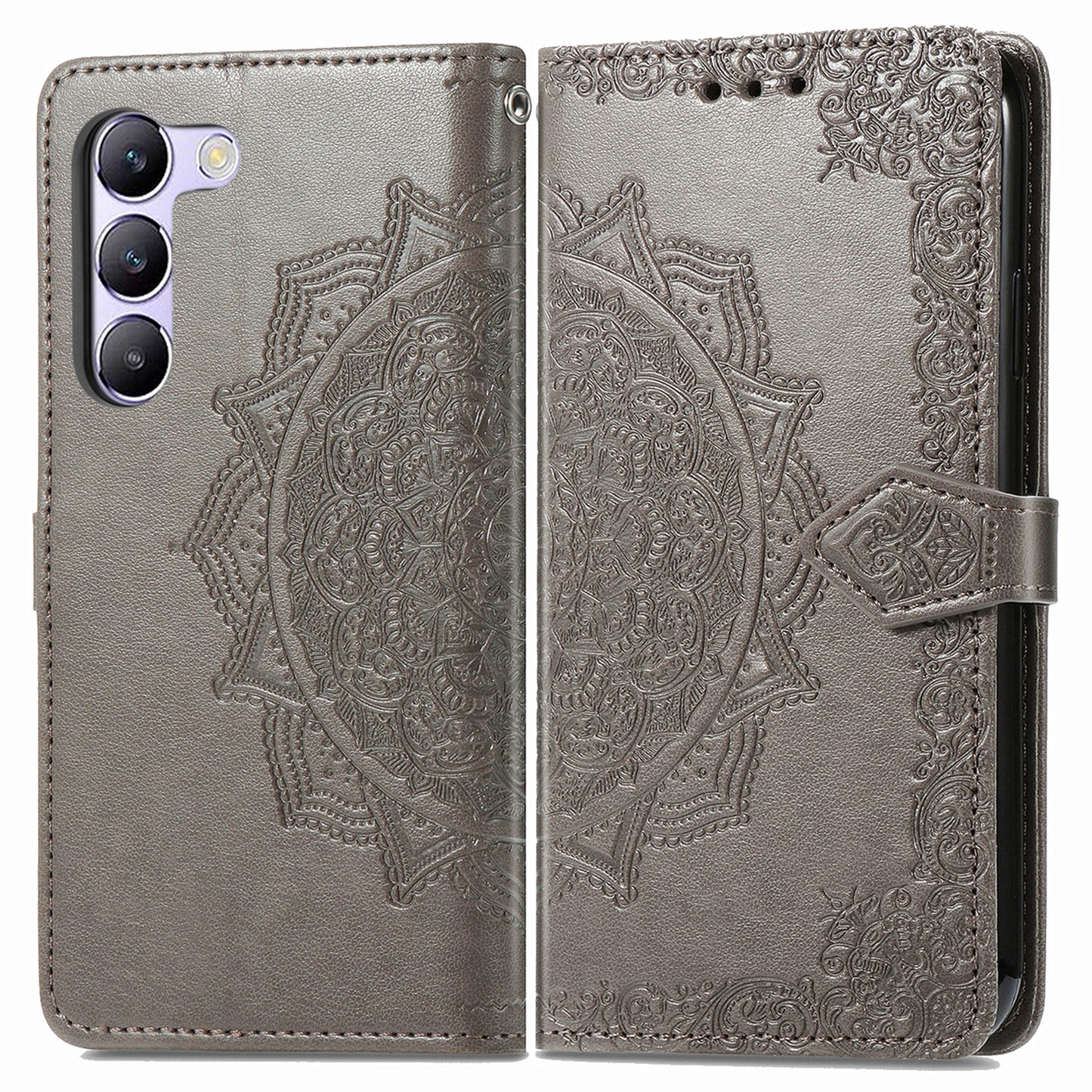 For vivo V40 SE 5G Case Embossed Mandala Leather Phone Cover Magnetic Flip Wallet - Grey